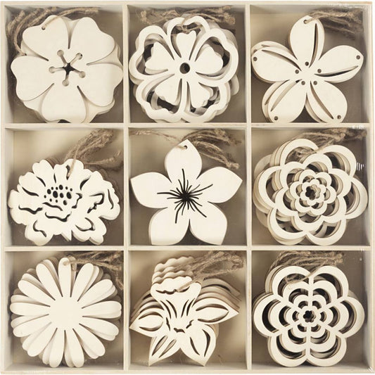 Wooden Ornaments 90 Pack 100mm Flowers Laser Cut Light Wood with Cord - Home-Crafts