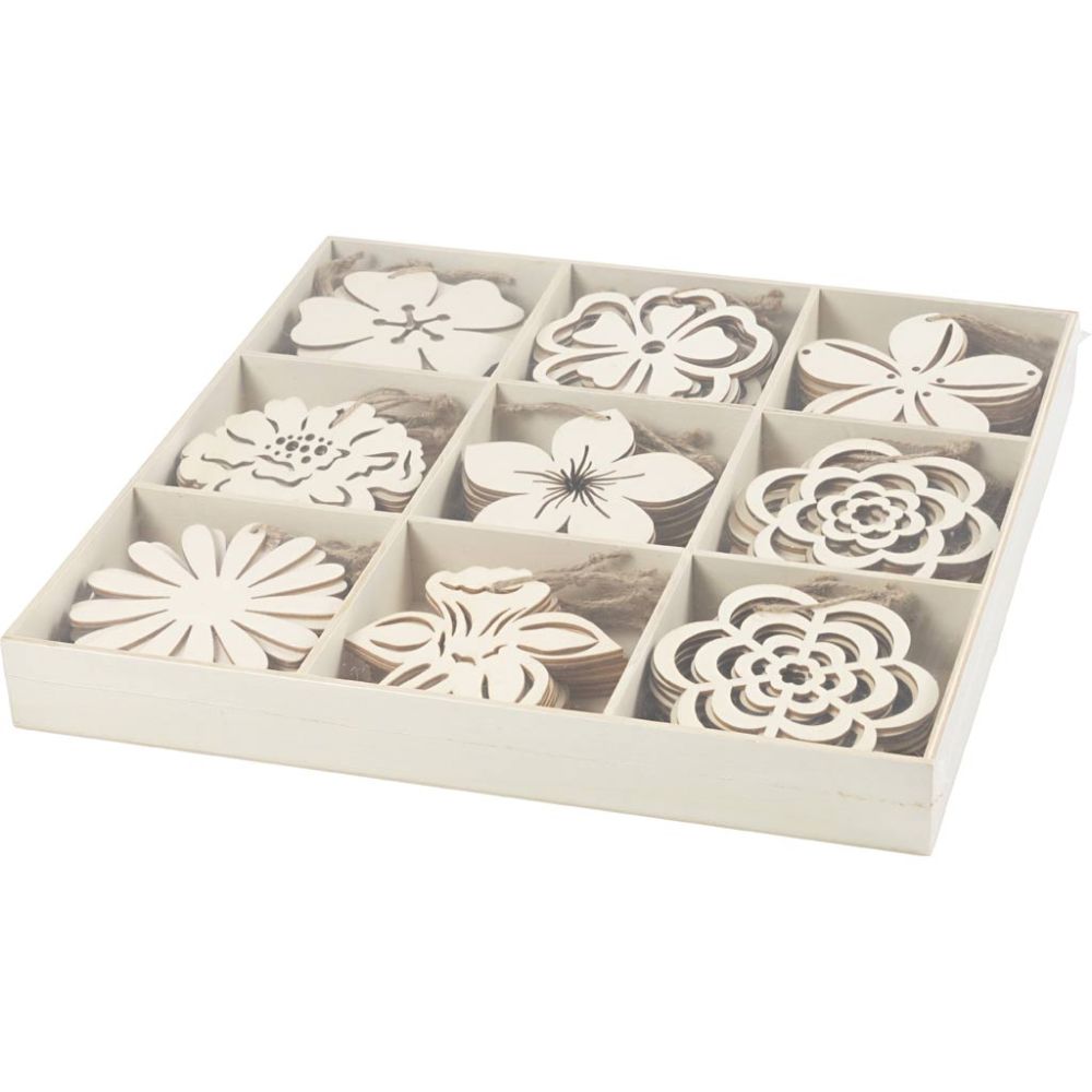 Wooden Ornaments 90 Pack 100mm Flowers Laser Cut Light Wood with Cord - Home-Crafts