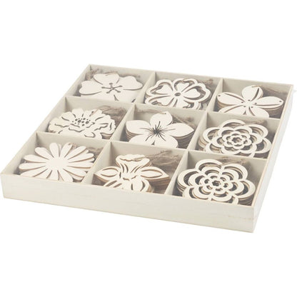 Wooden Ornaments 90 Pack 100mm Flowers Laser Cut Light Wood with Cord - Home-Crafts