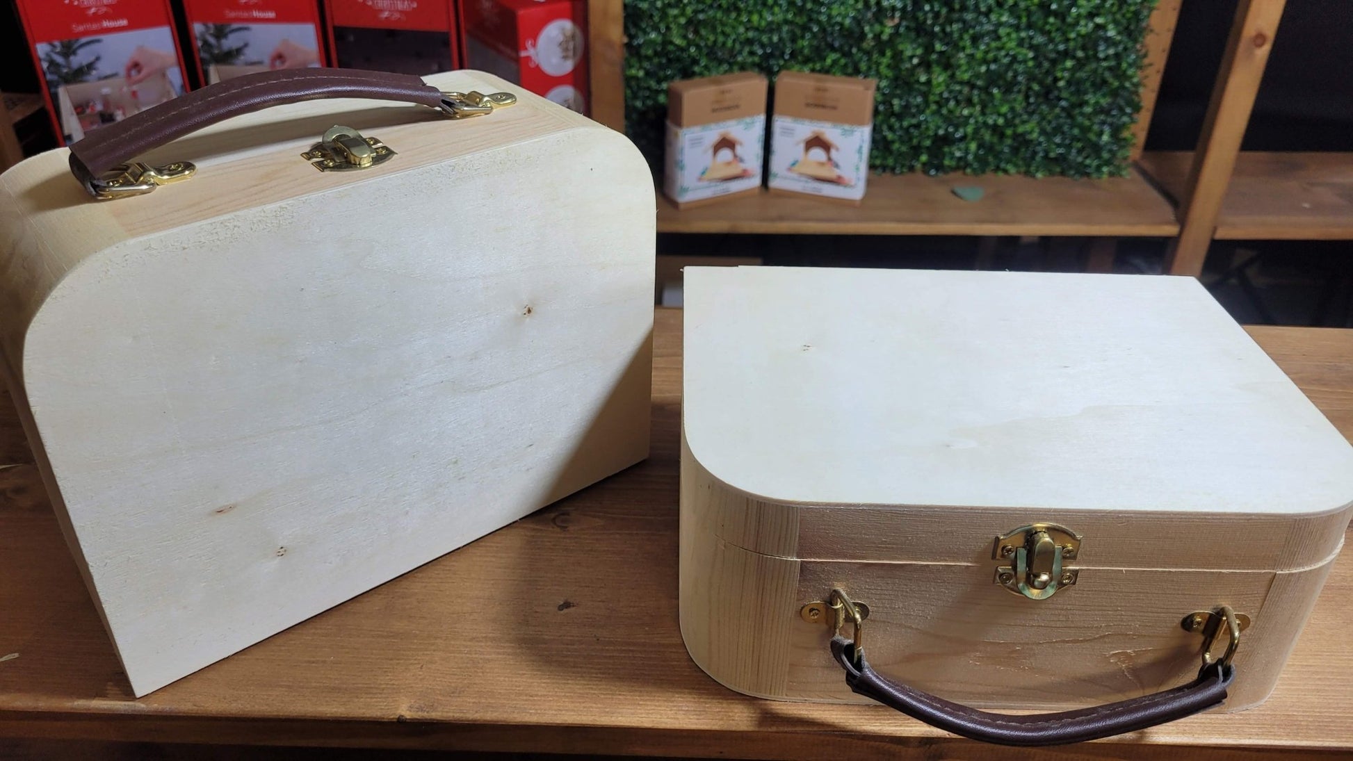 Wooden Plain Unfinished Suitcase Shape Boxes Craft Storage With Leather Look Handle - Home - Crafts