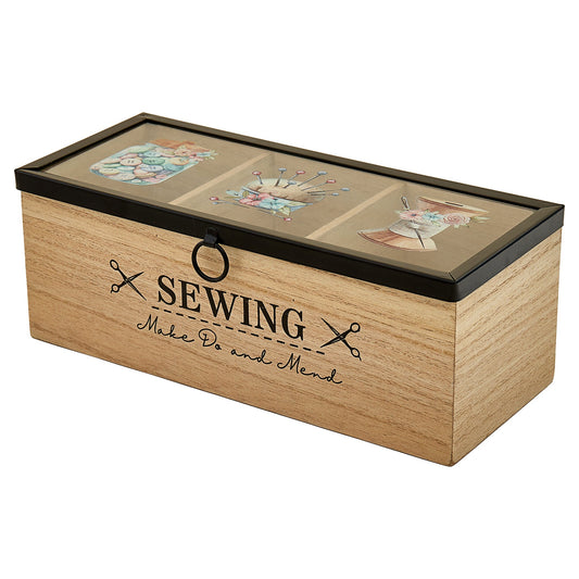 Wooden Sewing Box - 3 Compartments with Clear Lid & Vintage Haberdashery Design - Home - Crafts