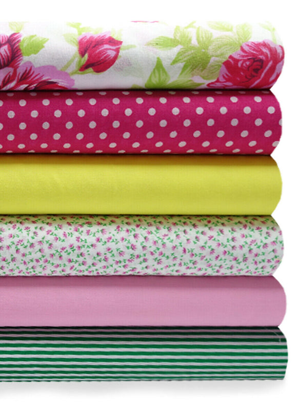 Fabric Bundles Fat Quarters Polycotton Material Florals Gingham Spots Craft - ROSES LIME GREEN & PINK