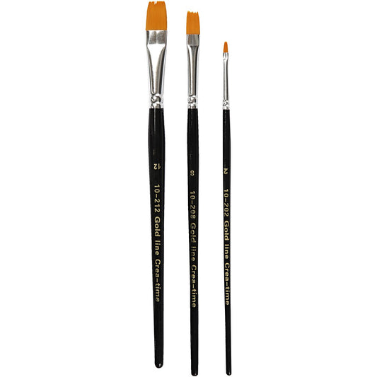 Set of 3 Assorted Sizes Gold Line Brushes Flat Nylon Synthetic Hair 2-8-12 mm