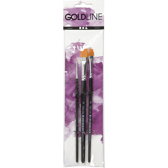 Set of 3 Assorted Sizes Gold Line Brushes Flat Nylon Synthetic Hair 2-8-12 mm
