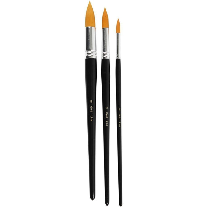 3 x Assorted Gold Line Big Size Round Brush With Wooden Handle For Painting - Hobby & Crafts