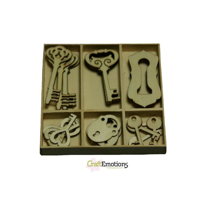 Wooden Ornament Decorations Embellishments Toppers 6 x Assorted Design Key Lock - Hobby & Crafts
