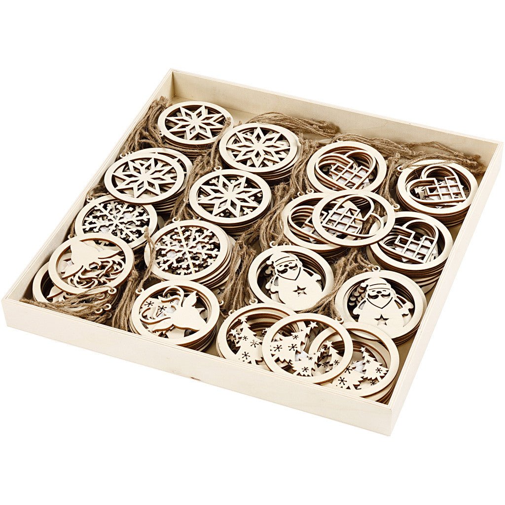 144 x Wooden Christmas Ornaments With Suspension Cord Hanging Decoration Crafts 8 cm - Home - Crafts