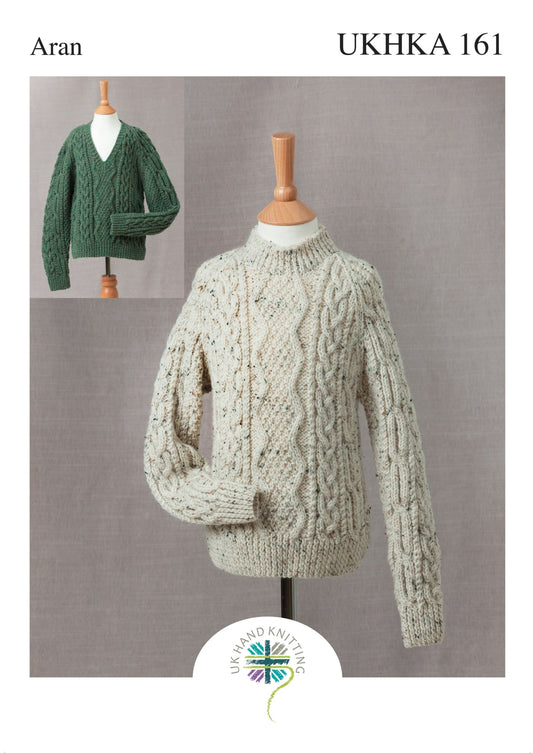 2 x Assorted Necklines Aran Knitting Pattern Woolen Childrens Jumpers - Home - Crafts