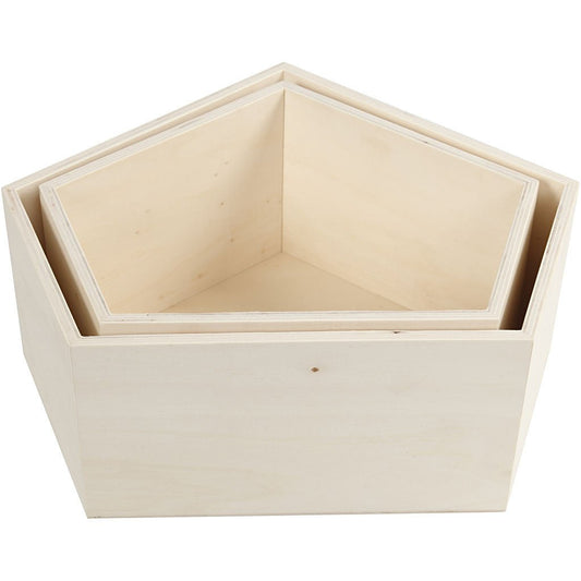 2 x Assorted Size Light Wood Pentagonal Storage Boxes Decoration Crafts 12.5 cm - Home - Crafts