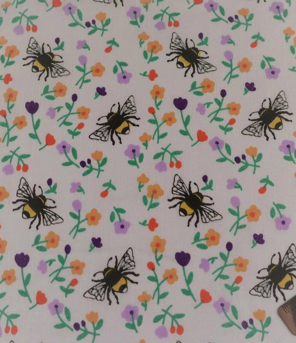 Bumble Bees White_Lilac Polycotton Children Fabric