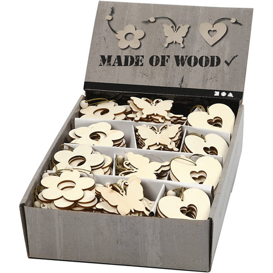 200 x Wooden Assorted Ornament With String Decoration Animals Figures Crafts - Flower Butterfly Heart - Home - Crafts