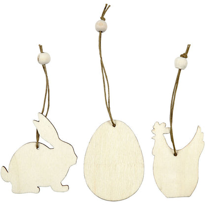 200 x Wooden Assorted Ornament With String Decoration Animals Figures Crafts - Rabbits Hens Eggs - Home - Crafts