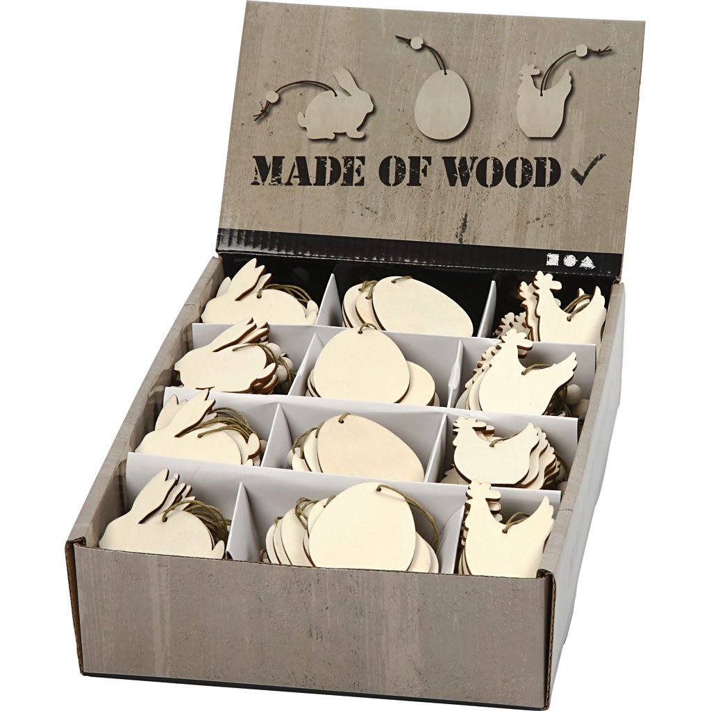 200 x Wooden Assorted Ornament With String Decoration Animals Figures Crafts - Rabbits Hens Eggs - Home - Crafts