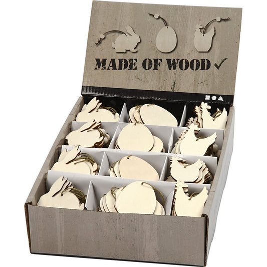 200 x Wooden Assorted Ornament With String Decoration Animals Figures Crafts - Rabbits Hens Eggs - Home - Crafts