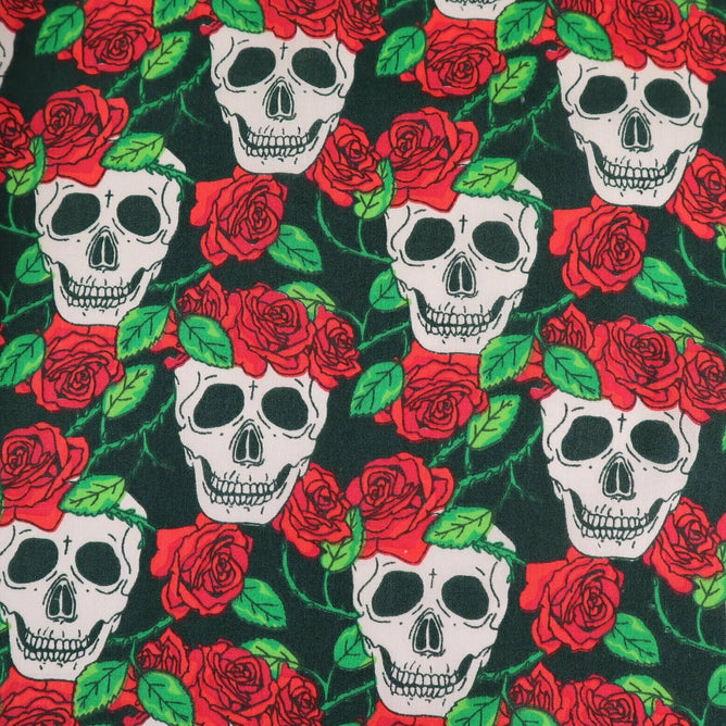 Skull Roses Black Polycotton Children Fabric