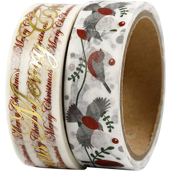 2 x Matt Paper Washi Tape Rolls Assorted Design Christmas Decorations Crafts 15mm 4m