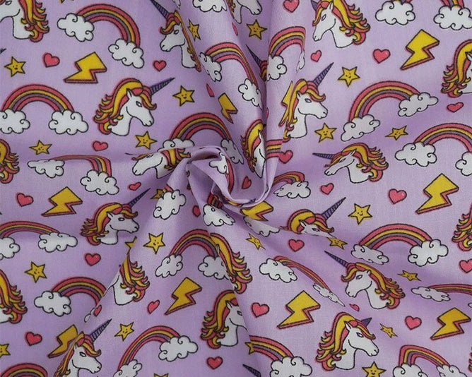 Rainbow Unicorn Lilac Polycotton Children Fabric