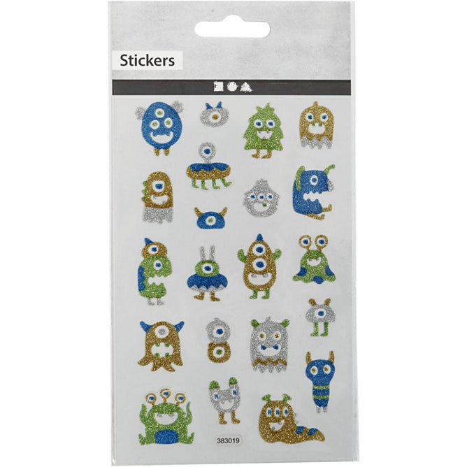 Aliens Monsters Glitter Stickers Sheet 10x16cm Sparkly Self-Adhesive Punched Greeting Cards Gift Tags