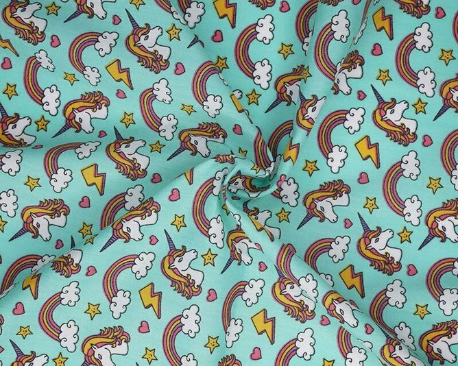 Rainbow Unicorn Aqua Polycotton Children Fabric