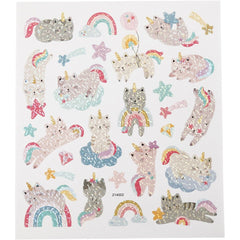 Stickers Sheet Rainbows Unicorns Stars 15x16.5cm Transparent Plastic Film Silver Foil Glitter Lacquer