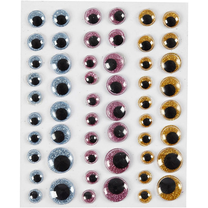 Googly Eyes Sheet 8,10,12,15mm Light Blue Gold Light Red 54pc Wiggly Pupils Self-Adhesive