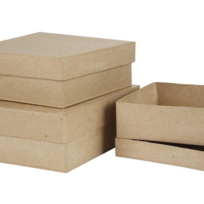 3 Large Square Shaped Boxes Craft Storage Brown Paper Mache Create Decorate Hand Made - Home - Crafts