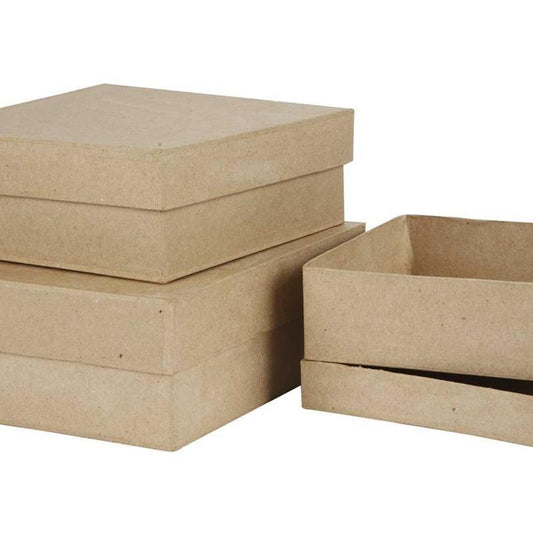 3 Large Square Shaped Boxes Craft Storage Brown Paper Mache Create Decorate Hand Made - Home - Crafts