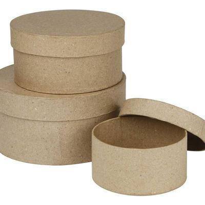 3 Round Shaped Boxes Craft Storage Brown Paper Mache Create Decorate Hand Made - Home - Crafts