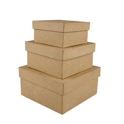 3 Square Shaped Boxes Craft Storage Brown Paper Mache Create Decorate Hand Made - Home - Crafts