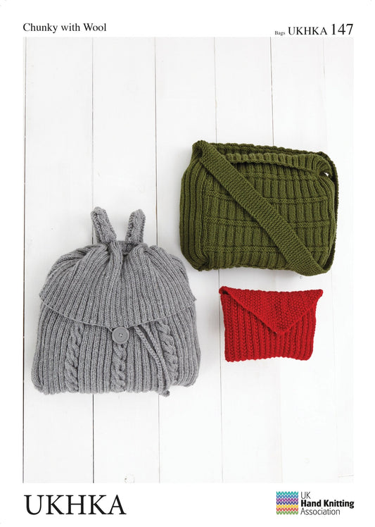 3 x Assorted Size Chunky Yarn Knitting Pattern Woolen Ladies Bags - Home - Crafts