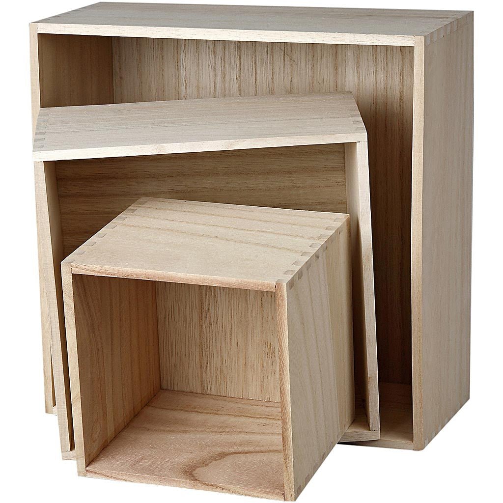 3 x Light Wood Square Shaped Storage Boxes Home Decoration Crafts 12.5cm - Home - Crafts