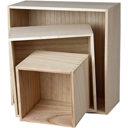 3 x Light Wood Square Shaped Storage Boxes Home Decoration Crafts 12.5cm - Home - Crafts