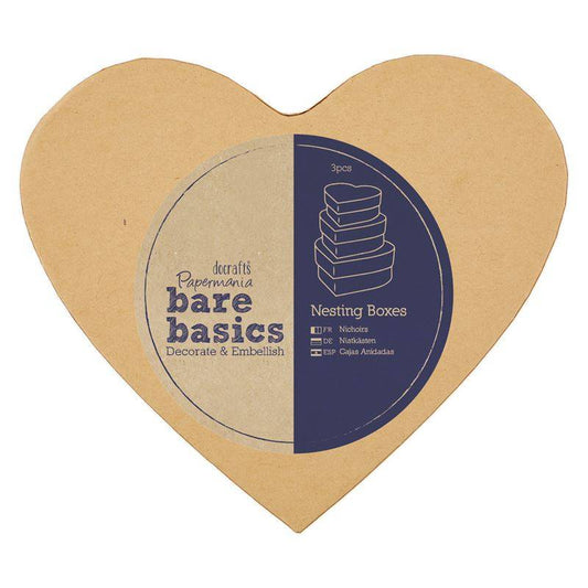 3 x Papermania Bare Basics Nesting Boxes Heart Shaped Brown Assorted Size Crafts - Home - Crafts