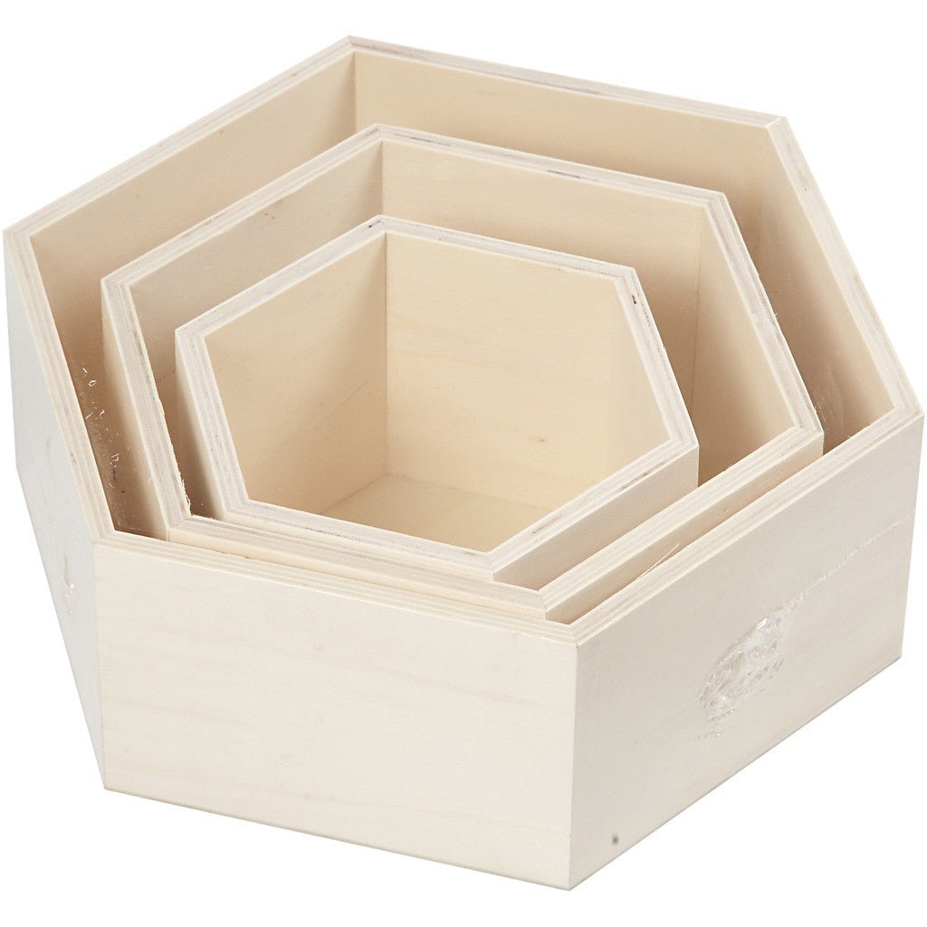 3 x Plywood Hexagonal Storage Boxes Decoration Crafts 10 cm - Home - Crafts