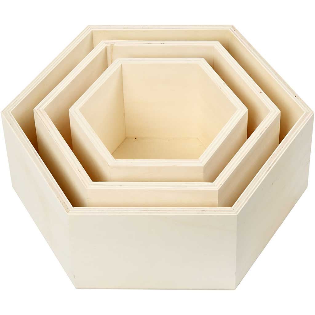 3 x Plywood Hexagonal Storage Boxes Decoration Crafts 10 cm - Home - Crafts