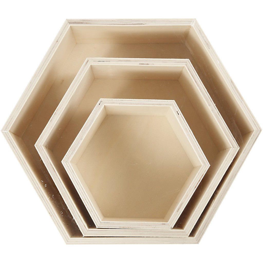 3 x Plywood Hexagonal Storage Boxes Decoration Crafts 10 cm - Home - Crafts