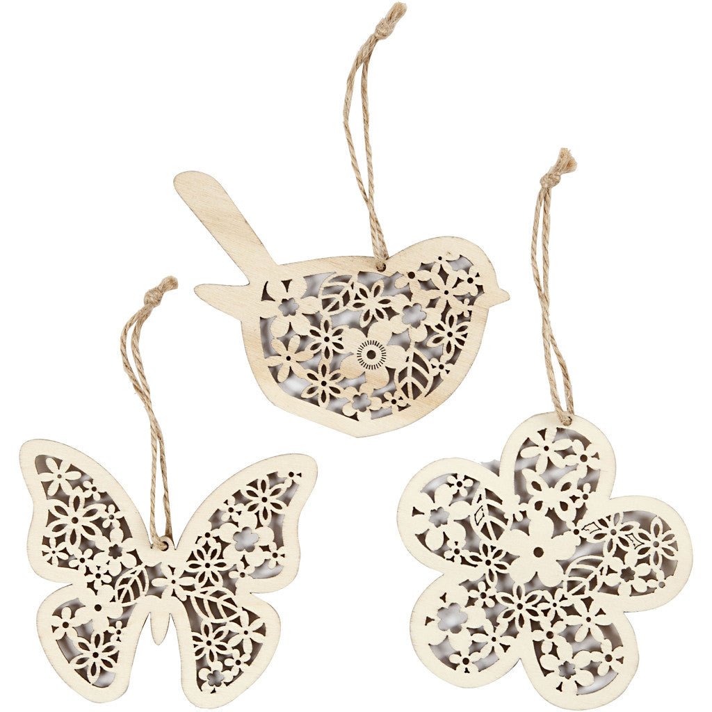 3 x Wooden Ornament Motifs With Cord Hanging Decoration Crafts - Butterfly Bird Flower - Home - Crafts