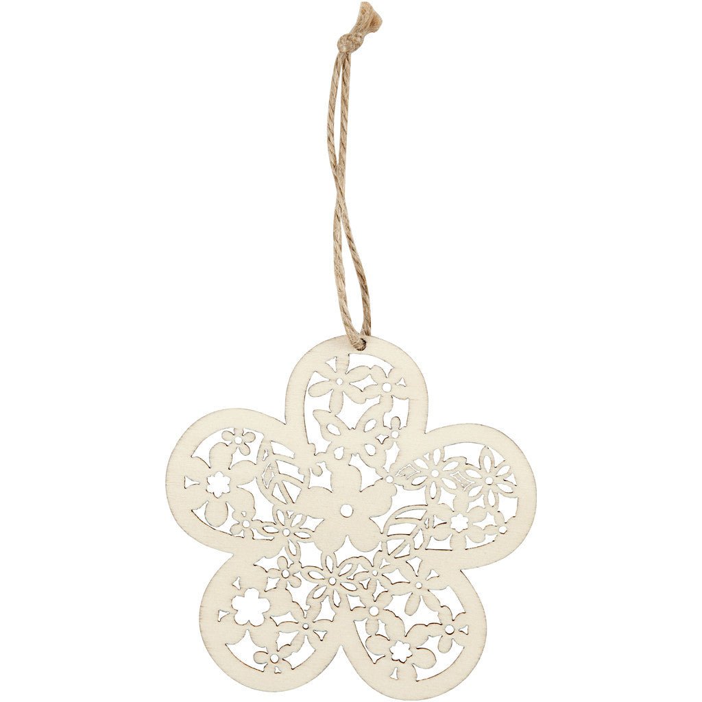3 x Wooden Ornament Motifs With Cord Hanging Decoration Crafts - Butterfly Bird Flower - Home - Crafts