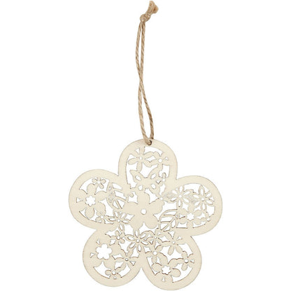3 x Wooden Ornament Motifs With Cord Hanging Decoration Crafts - Butterfly Bird Flower - Home - Crafts