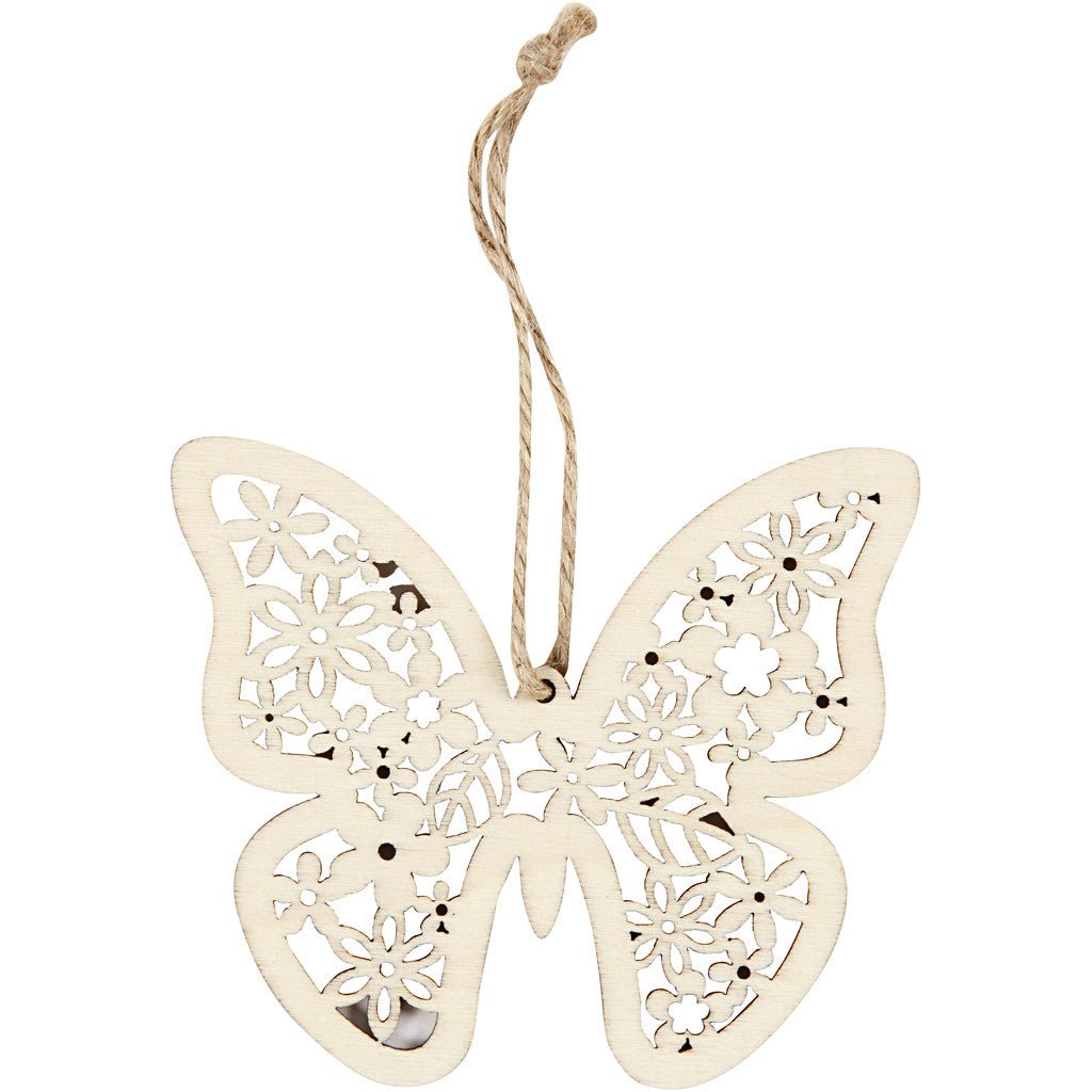 3 x Wooden Ornament Motifs With Cord Hanging Decoration Crafts - Butterfly Bird Flower - Home - Crafts