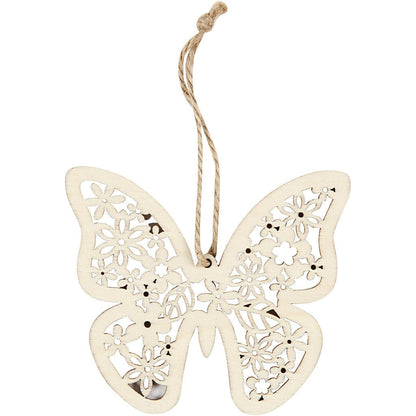 3 x Wooden Ornament Motifs With Cord Hanging Decoration Crafts - Butterfly Bird Flower - Home - Crafts