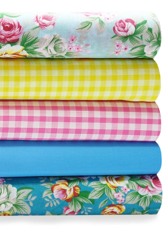 Fabric Bundles Fat Quarters Polycotton Material Florals Gingham Spots Craft - VINTAGE BLUE ROSES