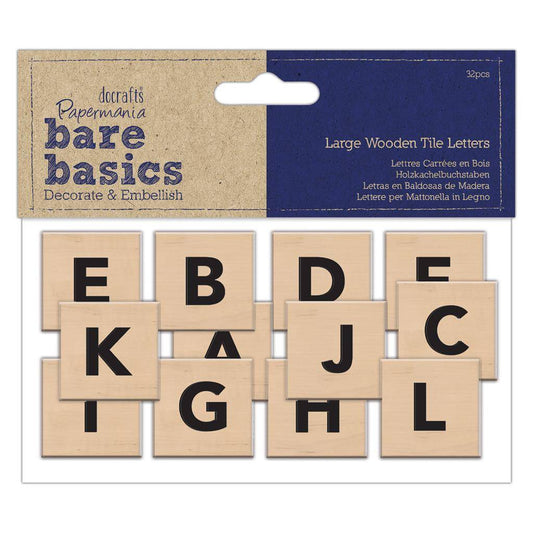 32 x Papermania Bare Basics Big Woooden Tiles Printed Alphabet Letters 40mmx40mm - Home - Crafts