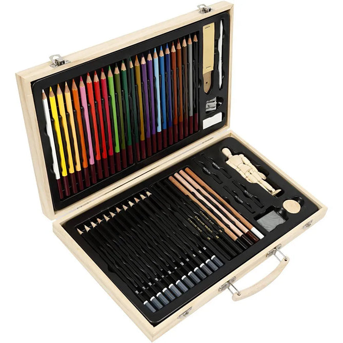 Sketch and Drawing Set Wooden Case Coloured Drawing Pencils Wooden Mannequin Doll,