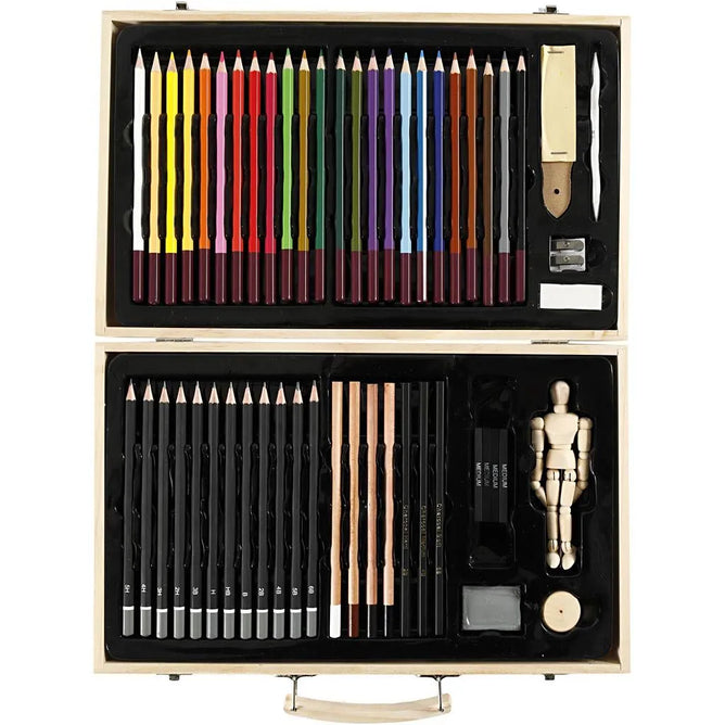 Sketch and Drawing Set Wooden Case Coloured Drawing Pencils Wooden Mannequin Doll,