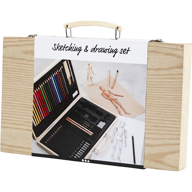 Sketch and Drawing Set Wooden Case Coloured Drawing Pencils Wooden Mannequin Doll,