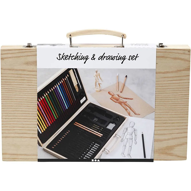 Sketch and Drawing Set Wooden Case Coloured Drawing Pencils Wooden Mannequin Doll,