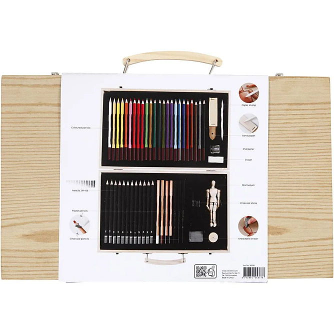 Sketch and Drawing Set Wooden Case Coloured Drawing Pencils Wooden Mannequin Doll,