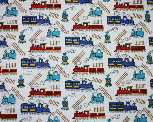 Train Track White Polycotton Children Fabric