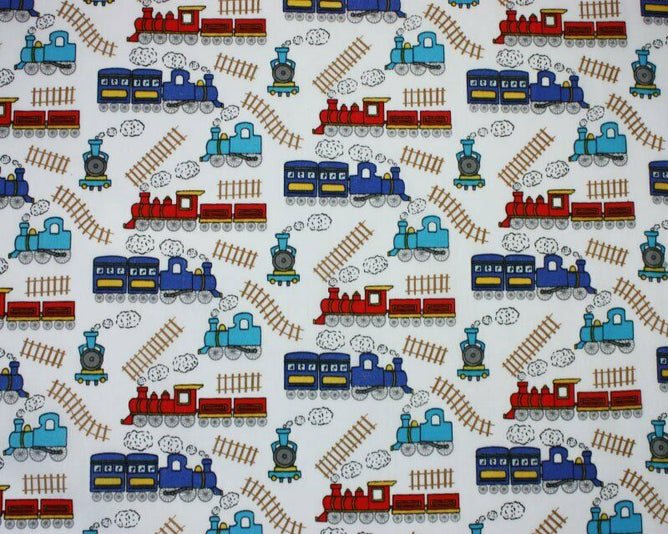 Train Track White Polycotton Children Fabric